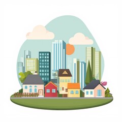 Obraz premium illustration cityscape variety buildings skyscrapers buildings different sizes shapes taller shorter sky blue white clouds sun shining brightly top right corner center small town colorful houses