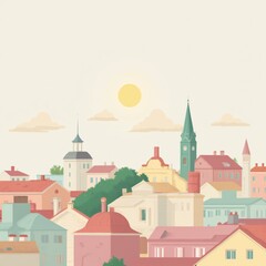 Fototapeta premium illustration cityscape variety colorful buildings buildings different sizes shapes having red roofs others having white walls center tall tower green spire clock top sky light beige color few white