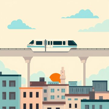 illustration monorail train bridge over city train white blue stripes has multiple windows moving bridge which supported two pillars city below multiple buildings different colors blue orange gray