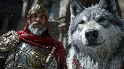 Medieval warrior and wolf