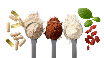 Fitness Nutrition Supplements: A flat lay of fitness nutrition supplements such as protein powder and vitamins, isolated on a Transparent background, PNG file.