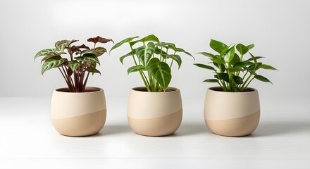 Obraz premium Three potted houseplants in minimalist beige pots; Philodendron, Peperomia, and a variegated plant; bright, clean aesthetic.