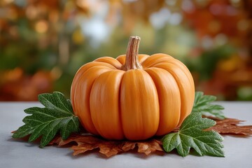 Close-Up of a Single Carved Pumpkin Resting on Colorful Leaves