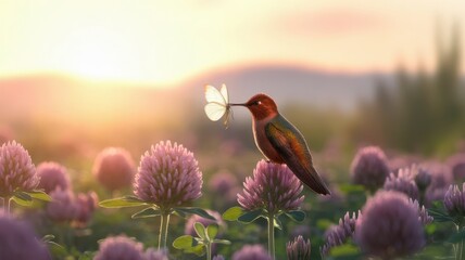 Hummingbird catches a butterfly perched on purple clover flower field at dusk