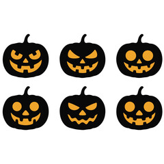 Six Halloween pumpkins with different face expressions in a two by three grid on white background