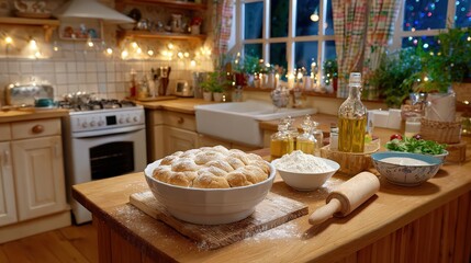 Fototapeta premium Cozy Empty Kitchen Scene with Flour and Baking Ingredients
