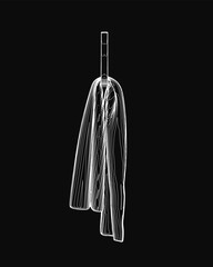 A white line drawing of a towel hanging on a hook, featuring minimalist vector style with clean thin contours and negative space. The simple illustration has a black background and smooth, precise.