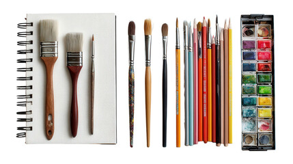 Fototapeta premium Flat Lay of Artistic Tools: A flat lay of artistic tools like paintbrushes, sketchbooks, and color pencils, isolated on a Transparent background, PNG file.