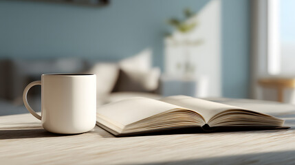 Fototapeta premium Serene Morning Still Life: Coffee Mug and Open Book on a Wooden Table, Home