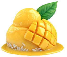 Delicious mango ice cream scoops with mango cubes and green leaf on white background