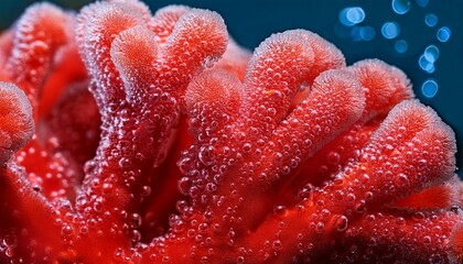 delicate red coral like structure with water droplets