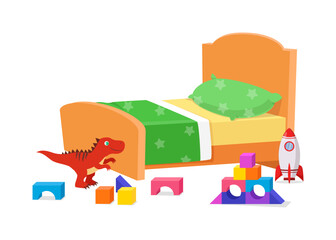 Naklejka premium Children's Bedroom with Bed Dinosaur Rocket and Toys for Imagination and Playtime Fun