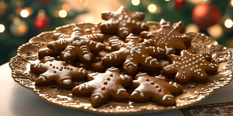 Decorated Gingerbread Cookies with Blurred Festive Background

