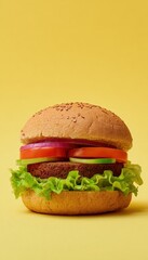 Vegan Beetroot Burger with Lettuce and Tomato on Yellow Background