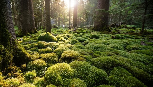 enchanted ancient forest floor with detailed lichen and moss formations illuminated by ethereal light
