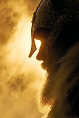 Naklejka premium Silhouette of a Viking warrior in golden light