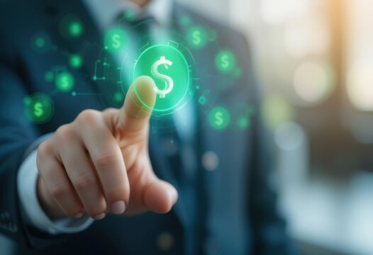 El dedo de una persona toca un &iacute;cono de d&oacute;lar verde flotante, que representa las finanzas digitales, los pagos m&oacute;viles y las transacciones en l&iacute;nea