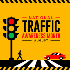 National Traffic Awareness Month is observed every year in August. Holiday concept. Template for background, banner, card, poster, social media design template with distinctive colors.
