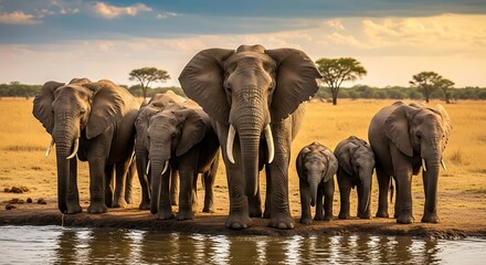 Fototapeta premium Herd of elephants drinking water at sunset image