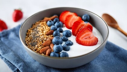 healthy breakfast bowl filled with granola bright red strawberries and blueberries thick greek yogurt topped with chia seeds