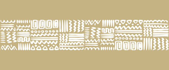 Hand drawn tribal geometric pattern with white symbols on a brownish earth tone background. This ethnic style design features abstract lines, zigzags, triangles, and dots. 