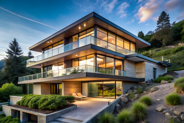 Modern hillside house with cantilevered design, neutral exterior, and panoramic windows
