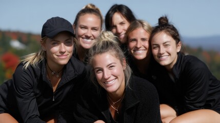 Fototapeta premium Group of six young women posing together outdoors during a sunny fall day in nature