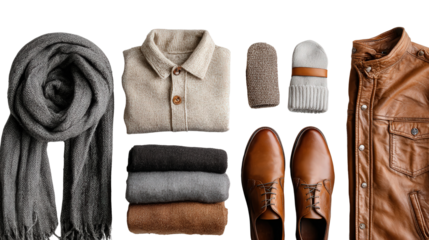 Flat Lay of Fashionable Apparel and Shoes: A flat lay of fashionable clothing items like jackets, scarves, and shoes, isolated on a Transparent background, PNG file.
