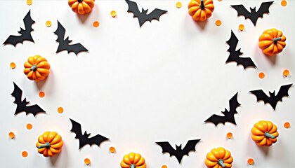 Halloween flatly. Mini pumpkins and black paper bats on white background