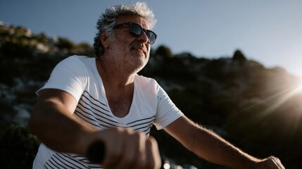 Senior man cycling in sunny landscape with mountain background during golden hour