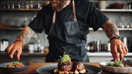 A chef meticulously arranging food on plates in a kitchen setting. He is focused on presenting a beautiful dish, with tattoos on his arms