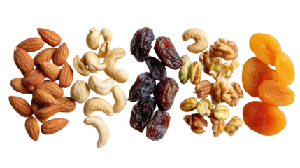 Flat Lay of Healthy Snacks and Nuts: A flat lay of healthy snacks like almonds, cashews, and dried fruits, isolated on a Transparent background, PNG file.