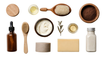 Flat Lay of Natural Beauty Products: A flat lay of natural beauty products like lotions, oils, and soaps, isolated on a Transparent background, PNG file.