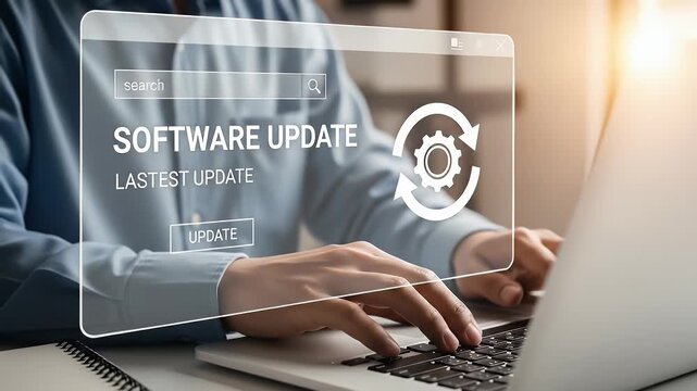 Man working and installing update process. Software updates or operating system upgrades to keep your device up to date with enhanced functionality in new versions and improved security.