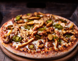 Gyros Pizza with jalapeno pepper and mozzarella cheese. Soft focus. Close up.
