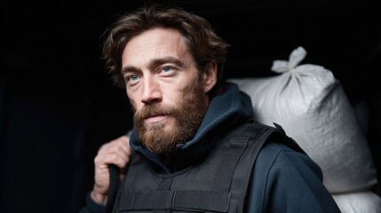 Fototapeta premium Bearded man in tactical gear carrying a load in a dimly lit environment during an operation