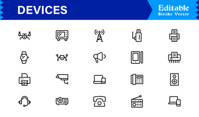 Modern Devices Icon Set Featuring Smartphones, Tablets, Laptops, and Wearables in Vector Style