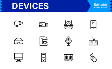 Modern Devices Icon Set Featuring Smartphones, Tablets, Laptops, and Wearables in Vector Style