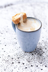 Cappuccino on bright background. Soft focus. Copy space	