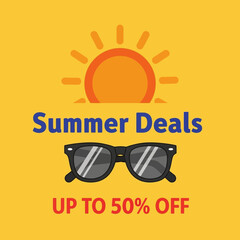Fototapeta premium Vector Illustration Summer Deals Banner with Sun Sunglasses and Discount Text in Bright Colors