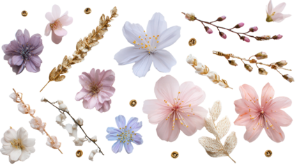 Floral Hair Accessories: A flat lay of floral hair accessories like headbands and clips, isolated on a Transparent background, PNG file.