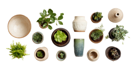 Flower Pots and Planters: A flat lay of flower pots and planters with fresh plants, isolated on a Transparent background, PNG file.