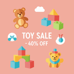 Vector Toy Sale Promotional Background with Bear Blocks and Cheerful Animal Characters in Modern Bright Style