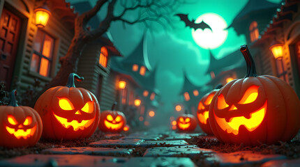 Fototapeta premium A spooky Halloween night scene in a old town filled with glowing Jack-o'-lantern pumpkins creates a magical and eerie atmosphere.
