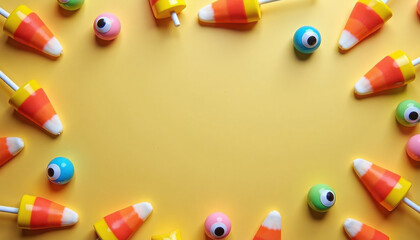 Halloween flatly. Funny Halloween candy scene with orange backdrop