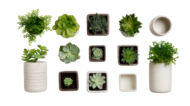 Flower Pots and Planters: A flat lay of flower pots and planters with fresh plants, isolated on a Transparent background, PNG file.