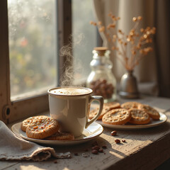 cup of coffee and cookies on wooden table