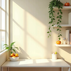 modern dining room with table with green plant vine 