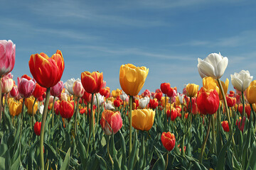 Field of multicolored realistic tulips glowing in natural daylight