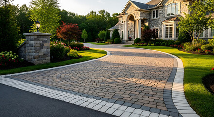 Naklejka premium Elegant Circular Brick Driveway Leading to a Luxurious Stone Home with Manicured Landscaping and Lush Green Trees in